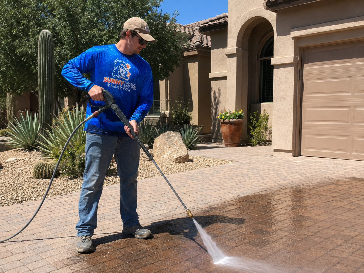 Professional pressure washing on an Arizona paver driveway
